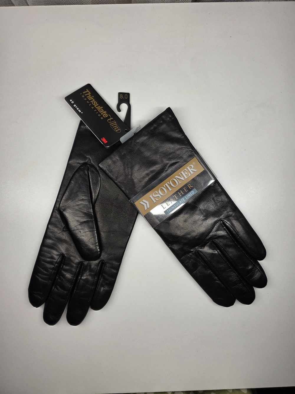 NWT Isotoner Black Leather Gloves Thinsulate Ultra Insulated Size 8